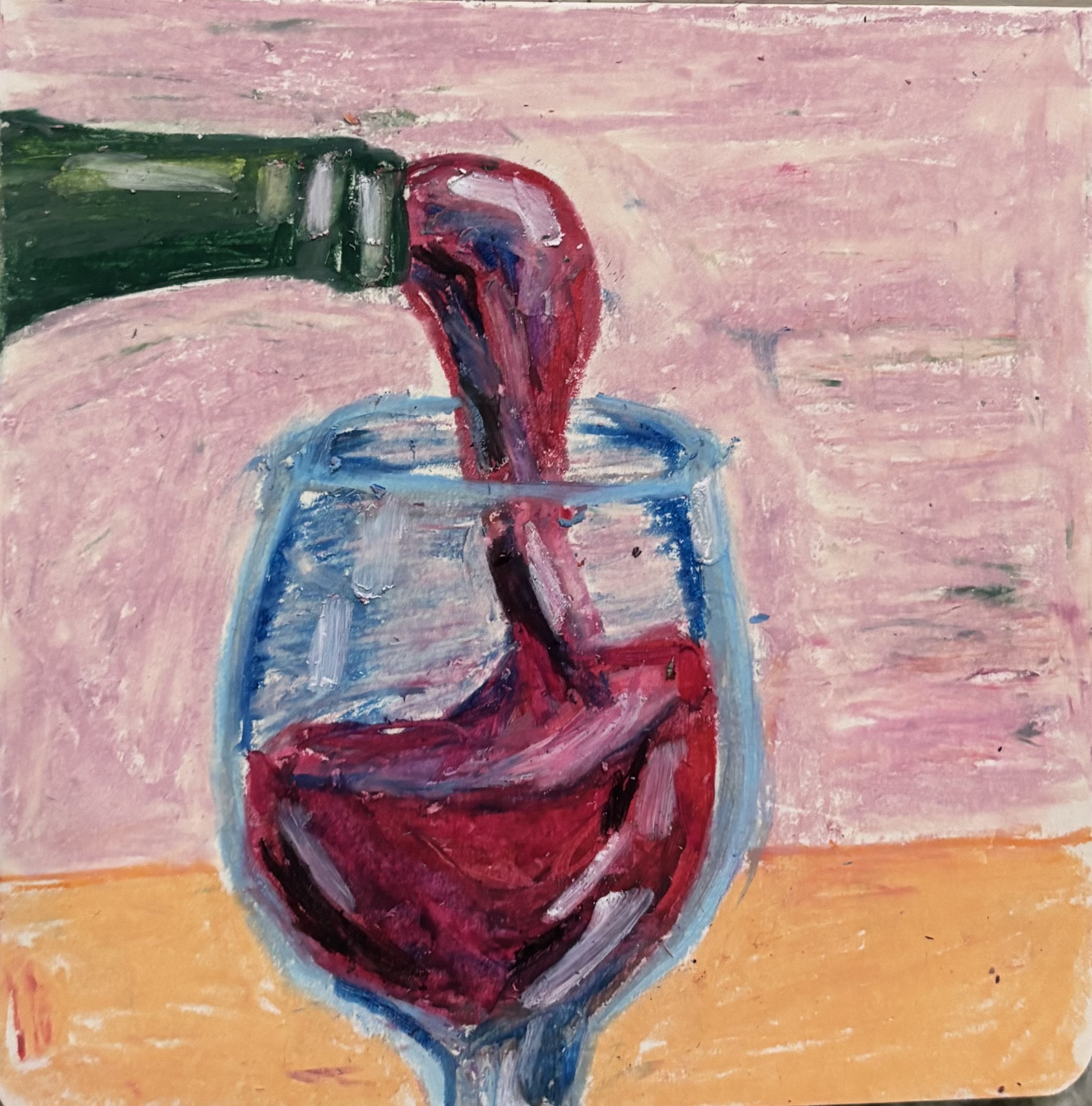 an oil pastel drawing of pouring red wine into a glass